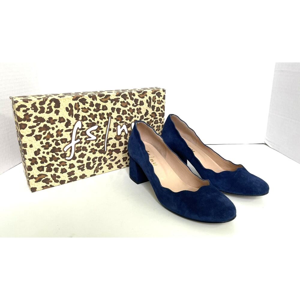 French Sole FS/NY Navy Suede Wave Mid Heel Scallop Block Pump Sz 6.5 Spain